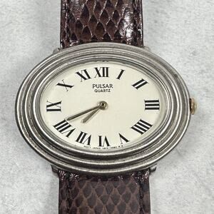 Vintage Pulsar Quartz Watch Oval Roman Dial Brown Leather Japan New Battery